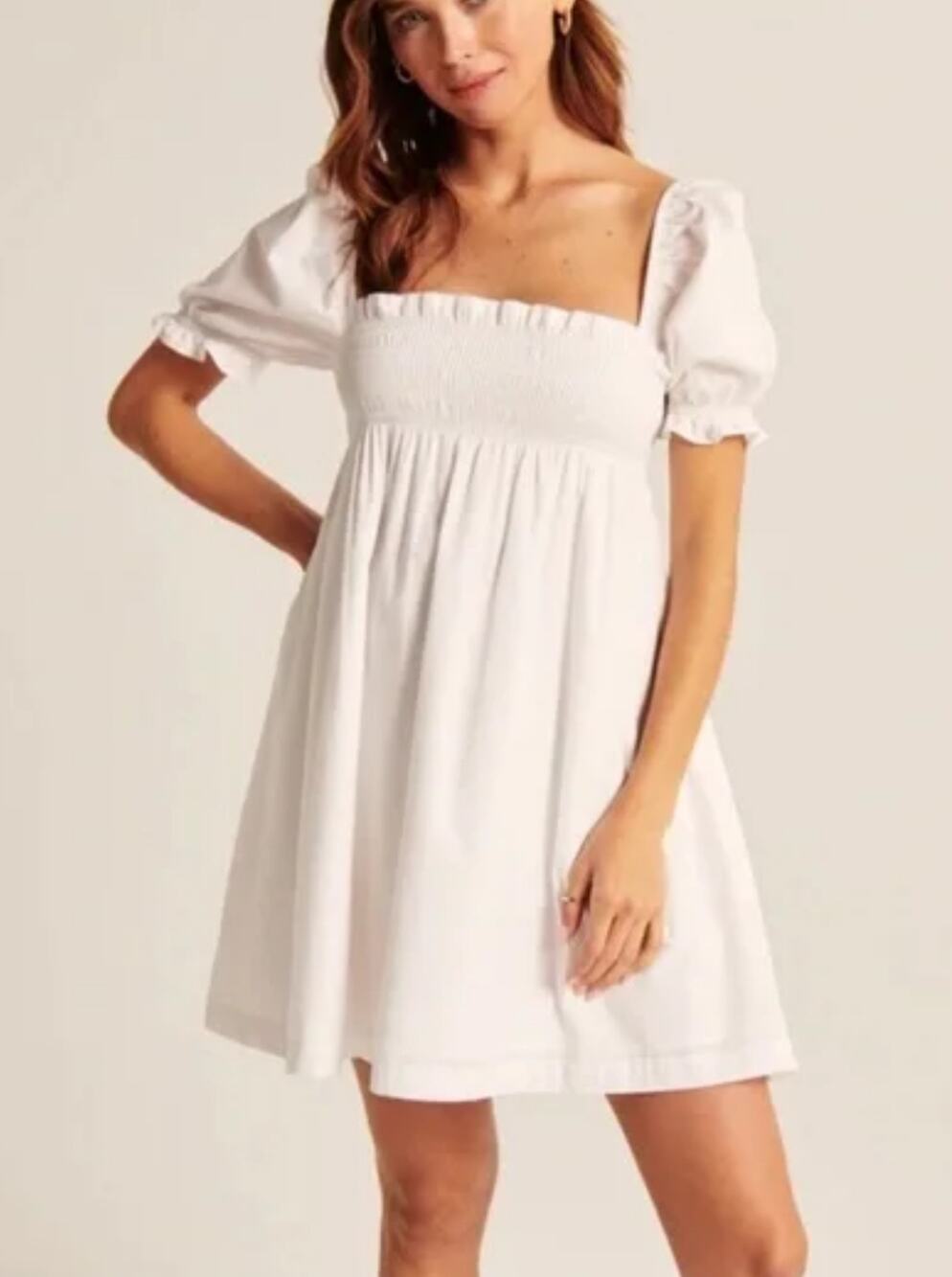 Abercrombie Fitch White puff sleeve smocked poplin mini dress Womens Medium